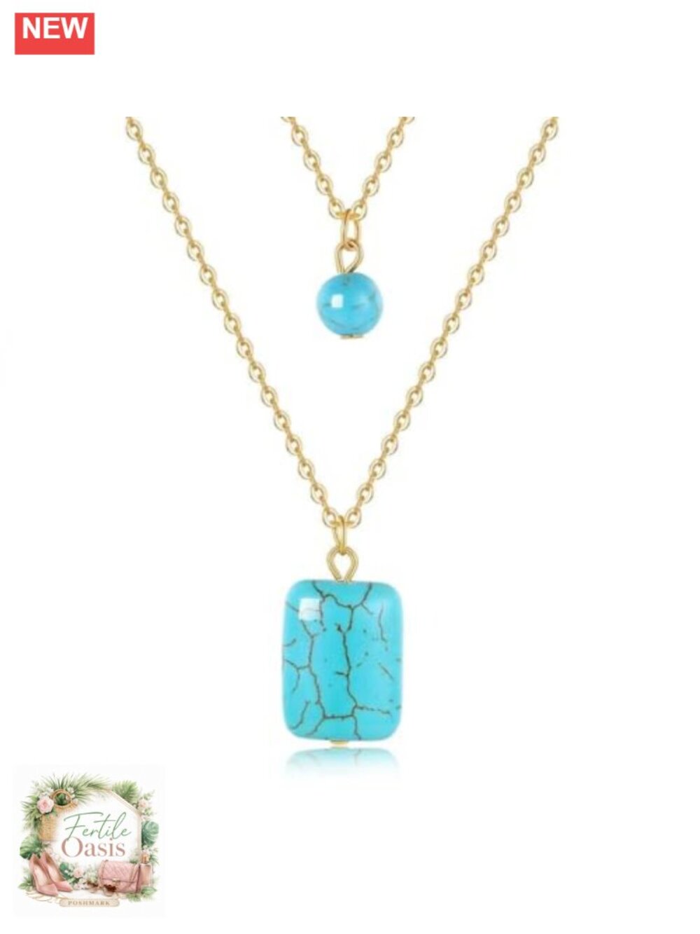 Boho Turquoise Teardrop Y-Shaped Layered Gold-Plated Alloy Pendant Necklace for